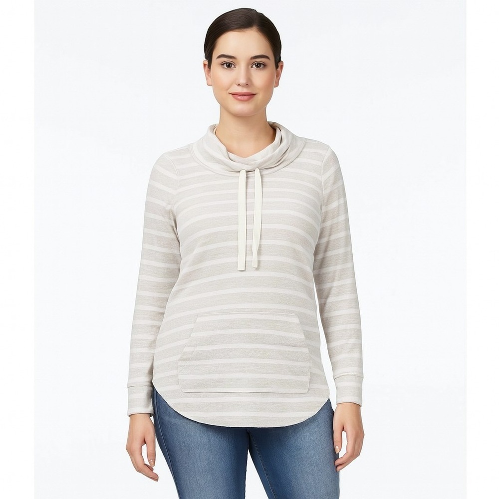 Ultra Flirt Funnel-Neck Sweatshirt Juniors XL Oat Stripe Beige Gray Drawstring